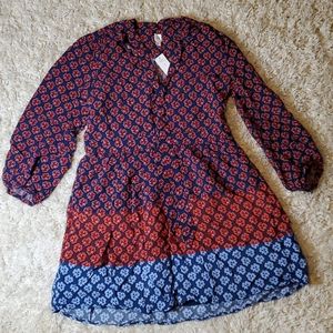 Women’s Floral Tiered Long-Sleeve Dress in Navy, Red & Light Blue